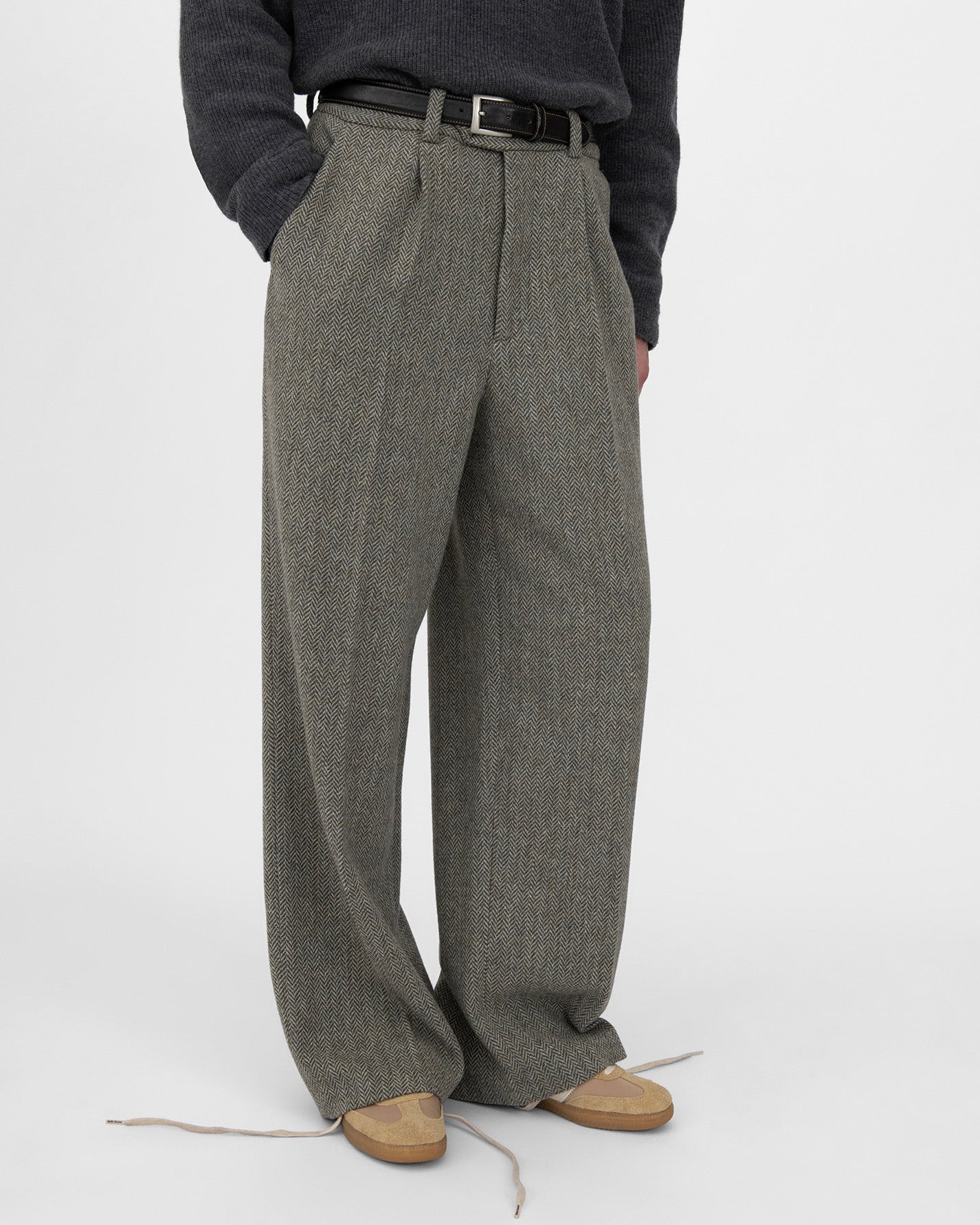HERRINGBONE WOOL TROUSERS in green/grey
