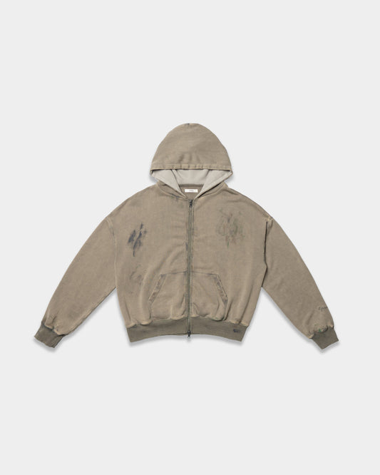 DESTROYED WORKERS ZIP HOODIE (OLIVE GREEN)