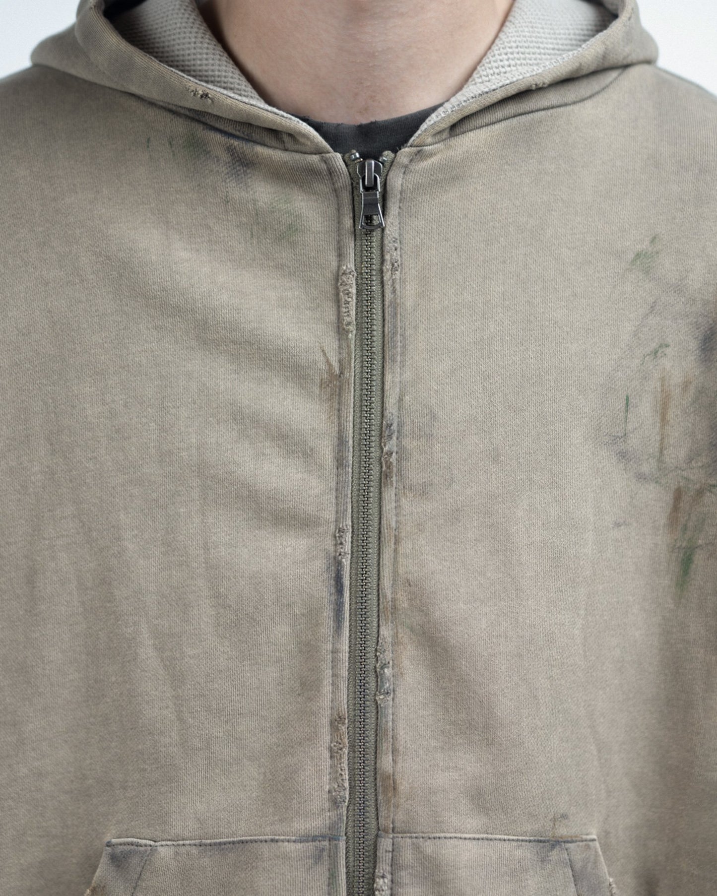 DESTROYED WORKERS ZIP HOODIE (OLIVE GREEN)