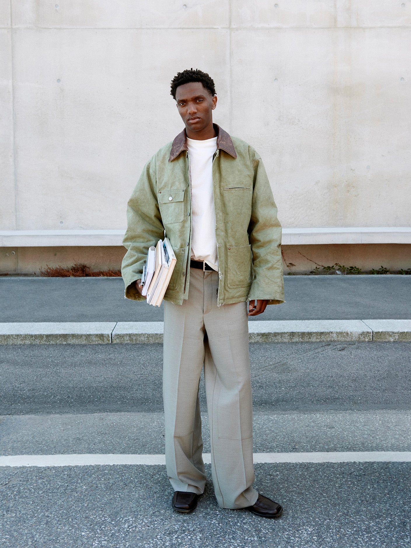 PLEATED CANVAS WORK JACKET in faded green