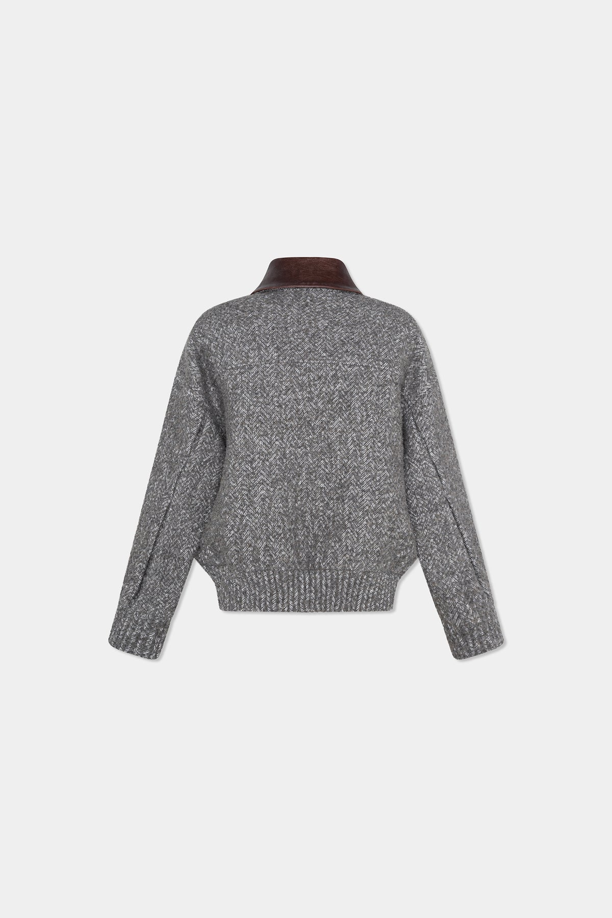 HERRINGBONE LEATHER-COLLAR JACKET in sage grey