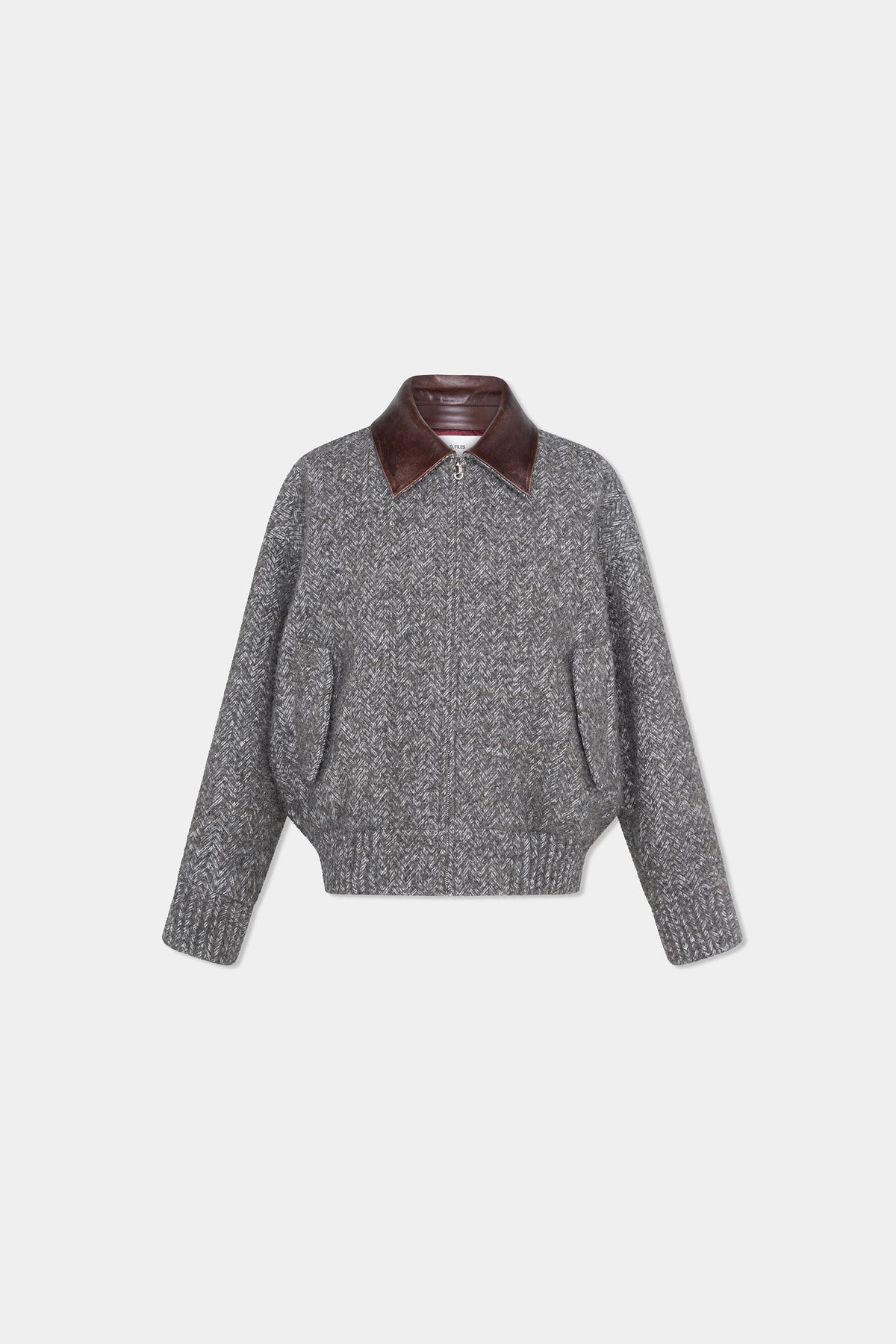 HERRINGBONE LEATHER-COLLAR JACKET in sage grey