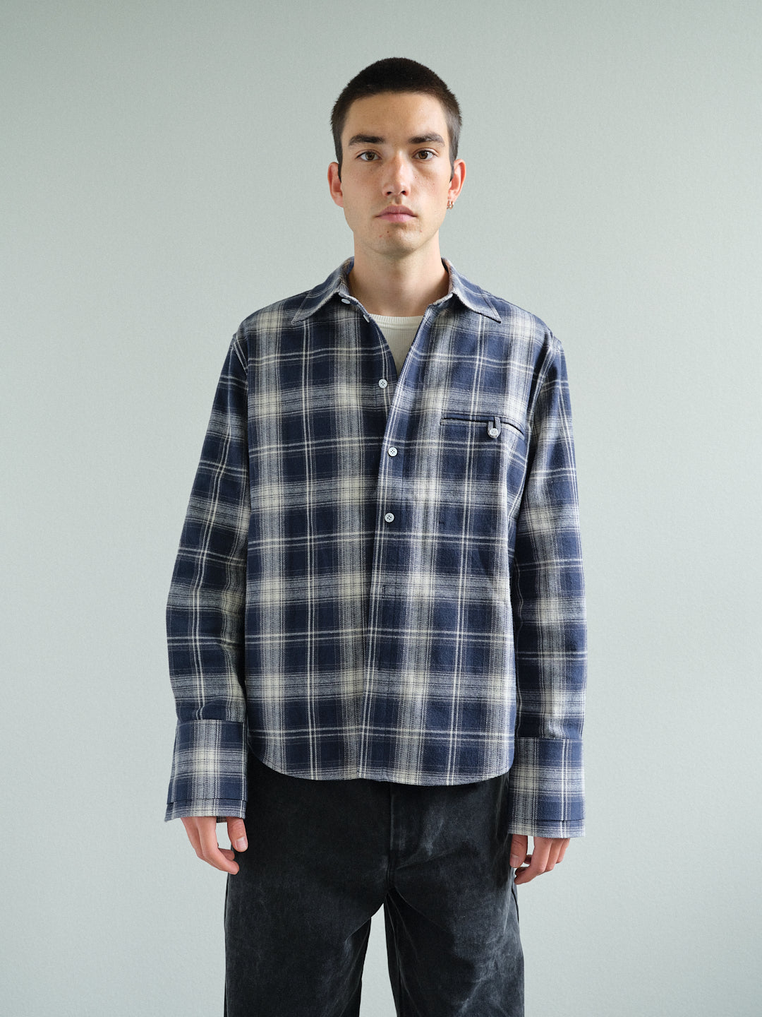 CHECKER FLANNEL SHIRT in midnight blue/cream