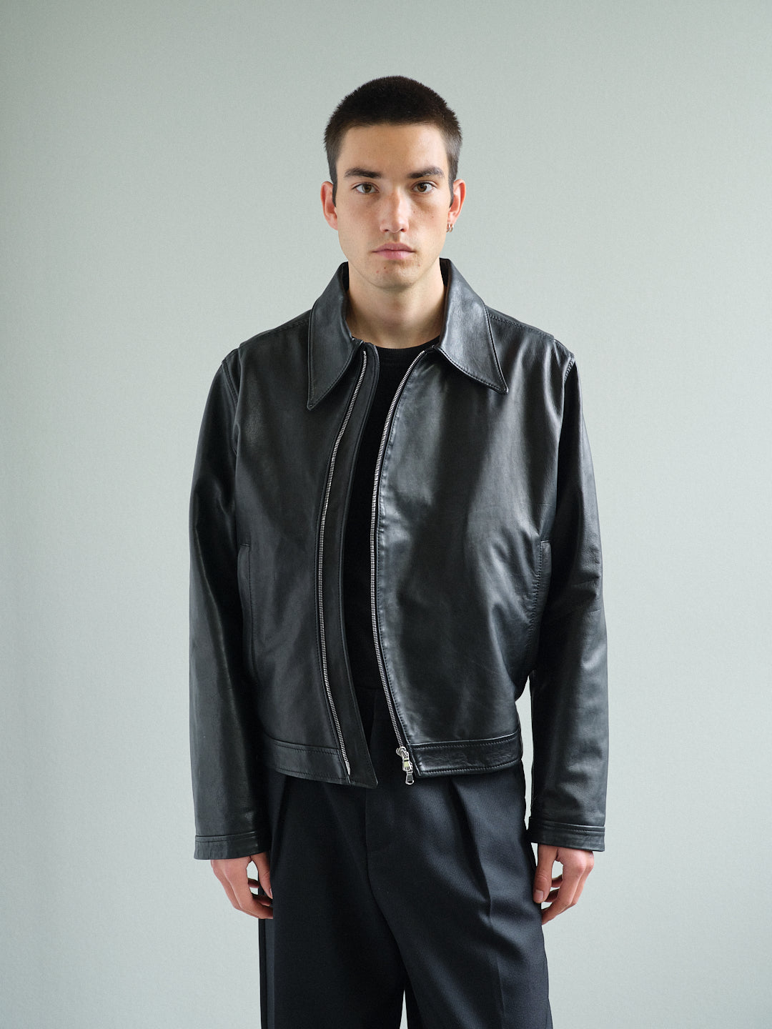 CURVED-ZIP NAPPA LEATHER JACKET in black