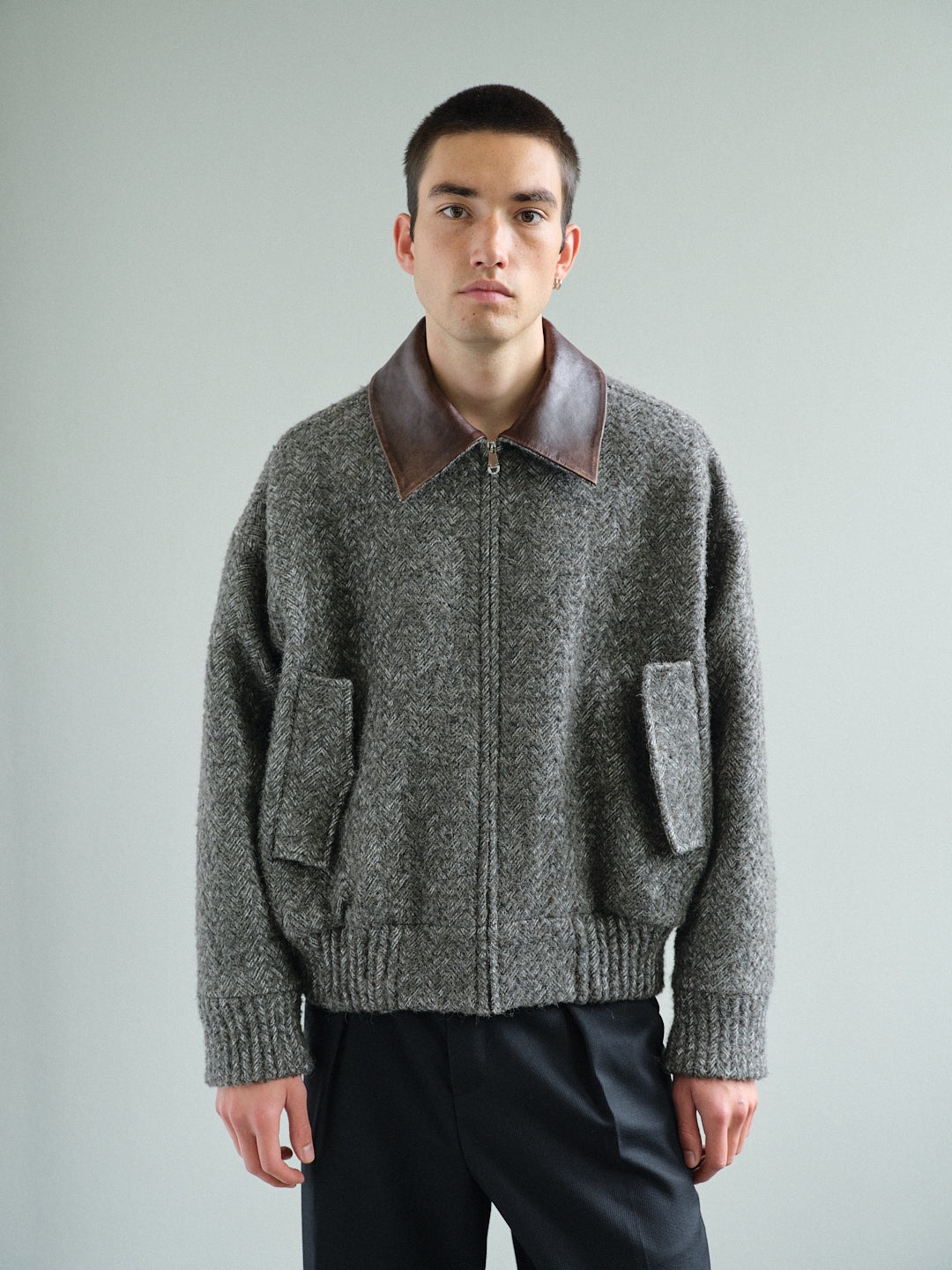 HERRINGBONE LEATHER-COLLAR JACKET in sage grey
