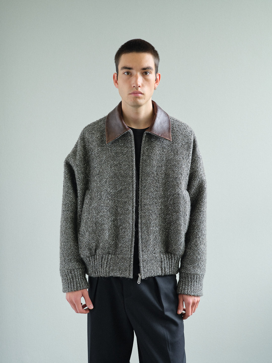 HERRINGBONE LEATHER-COLLAR JACKET in sage grey