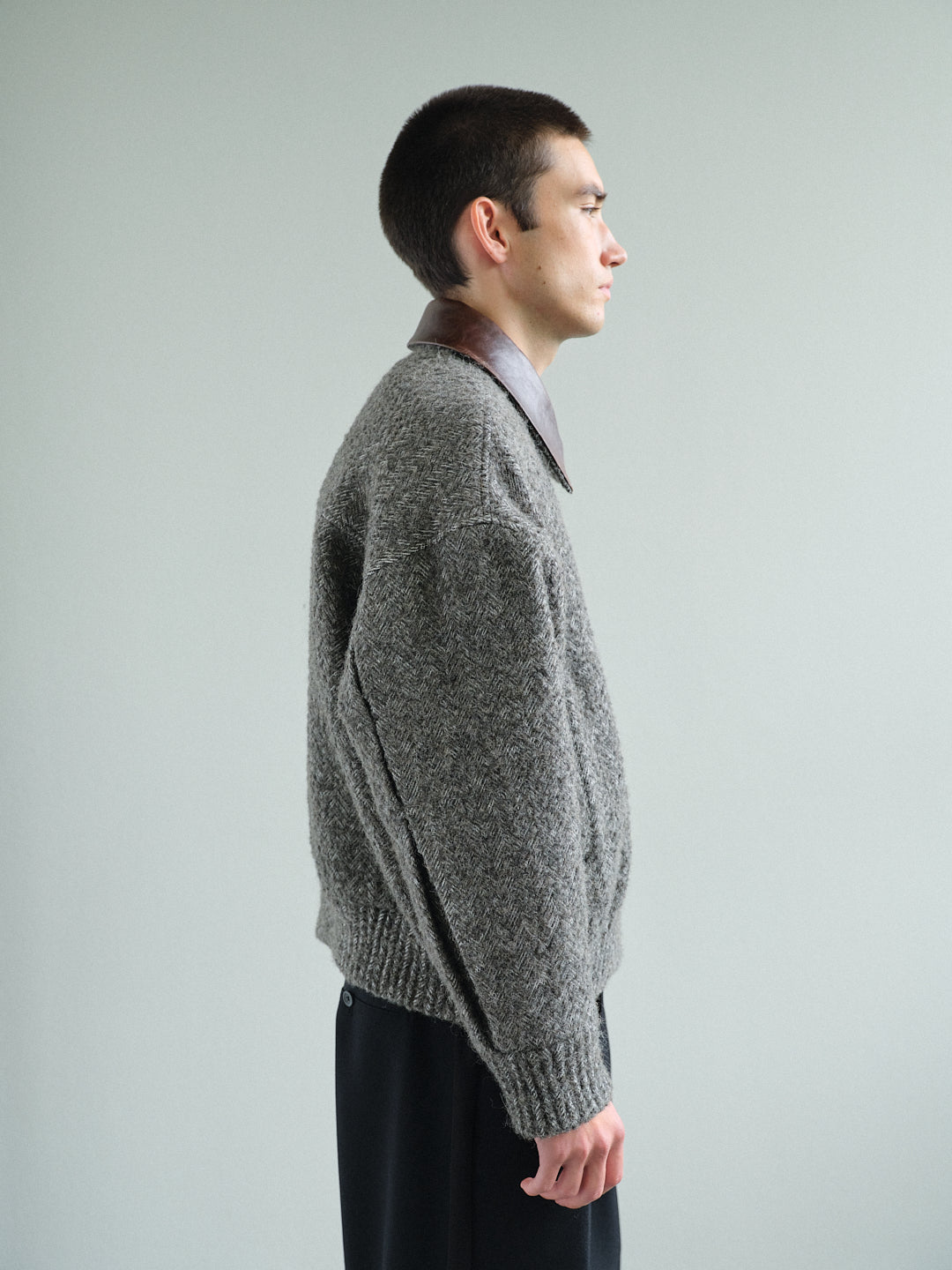 HERRINGBONE LEATHER-COLLAR JACKET in sage grey