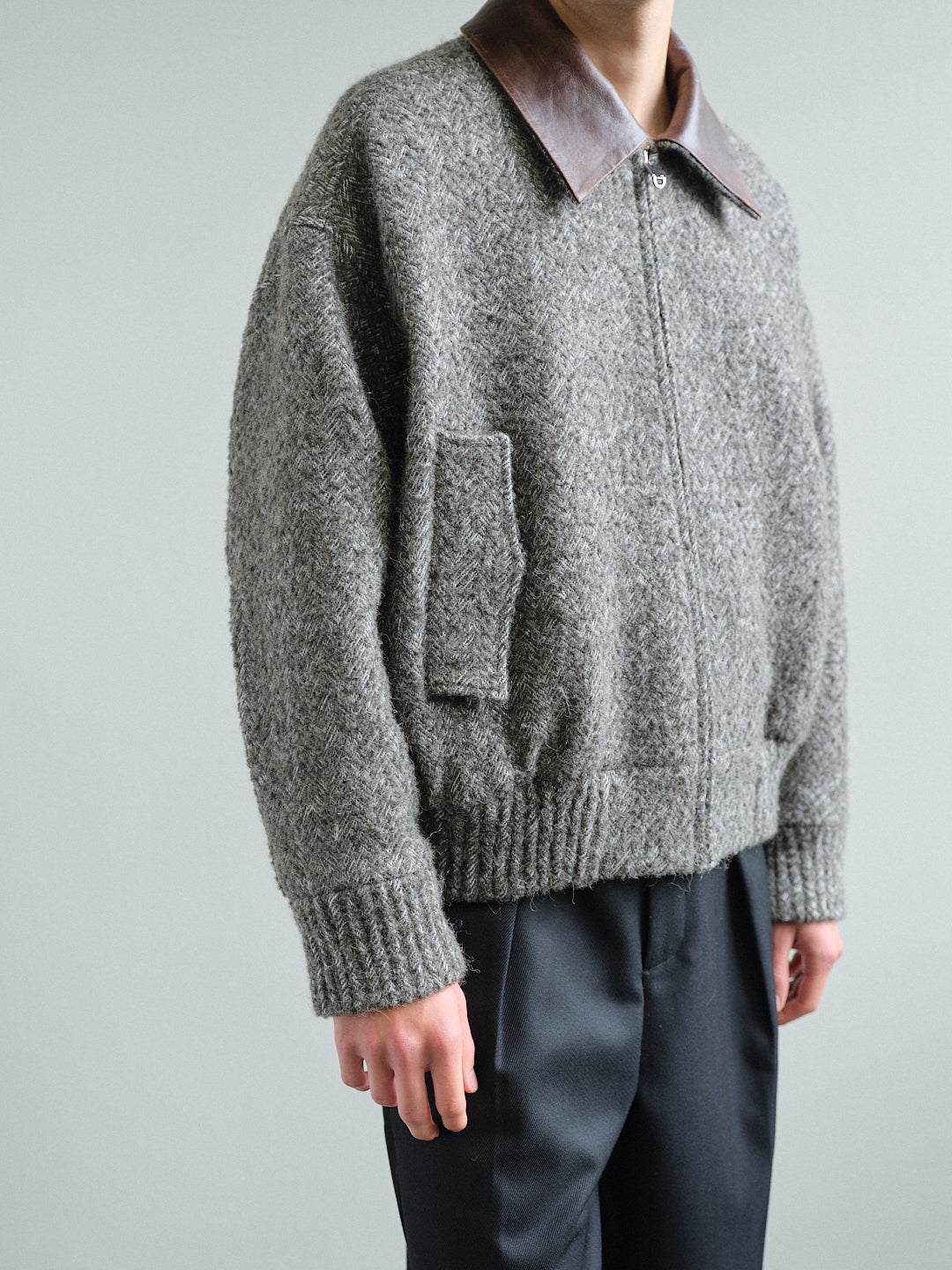 HERRINGBONE LEATHER-COLLAR JACKET in sage grey