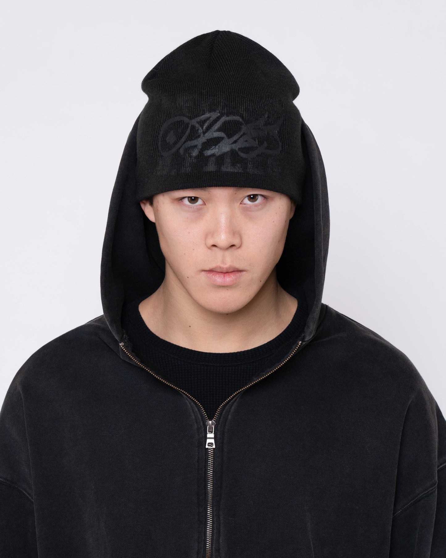 DEBOSSED TRIPLE LOGO BEANIE (JET BLACK)