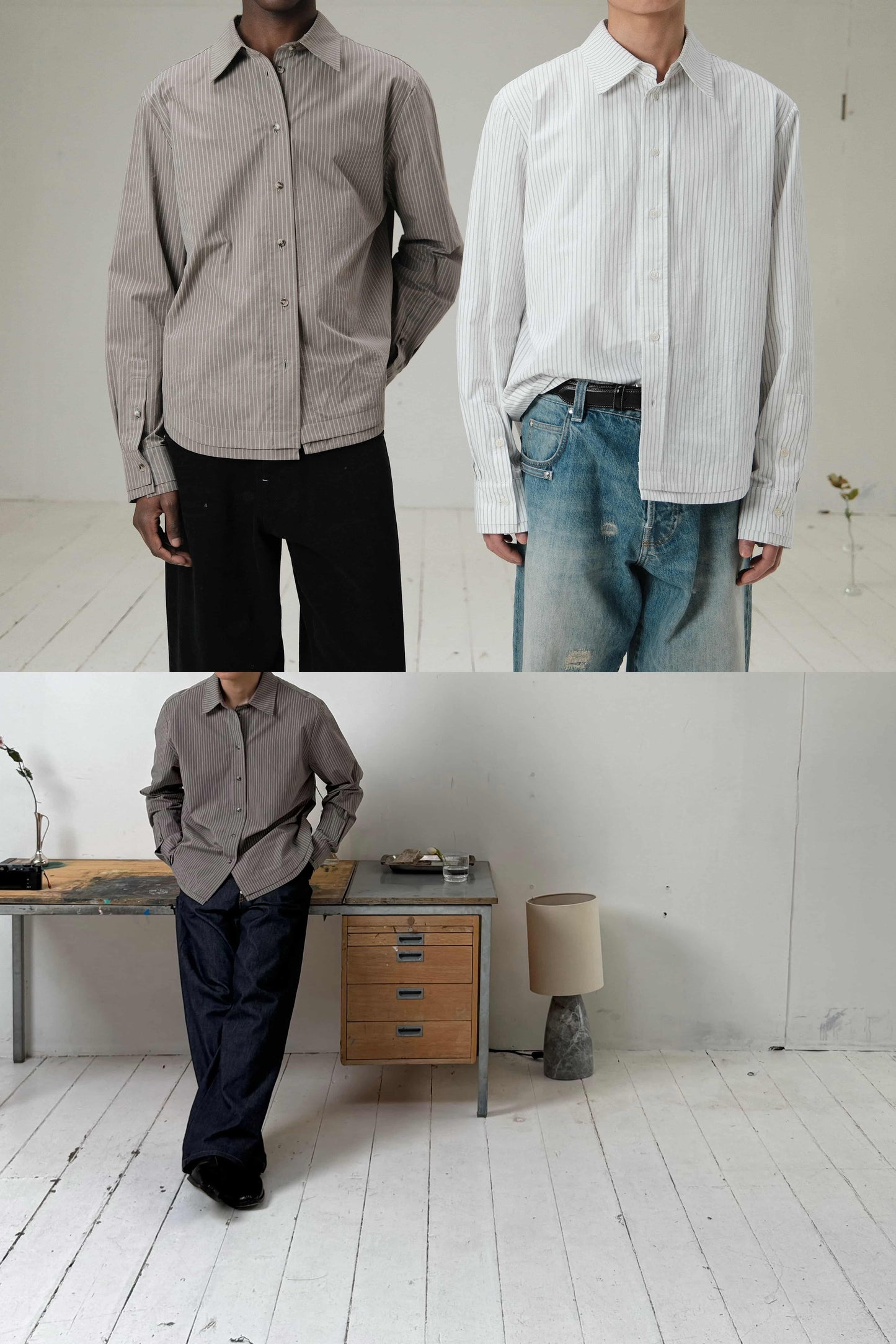 DOUBLE-HEM PINSTRIPE SHIRT in macchiato/white