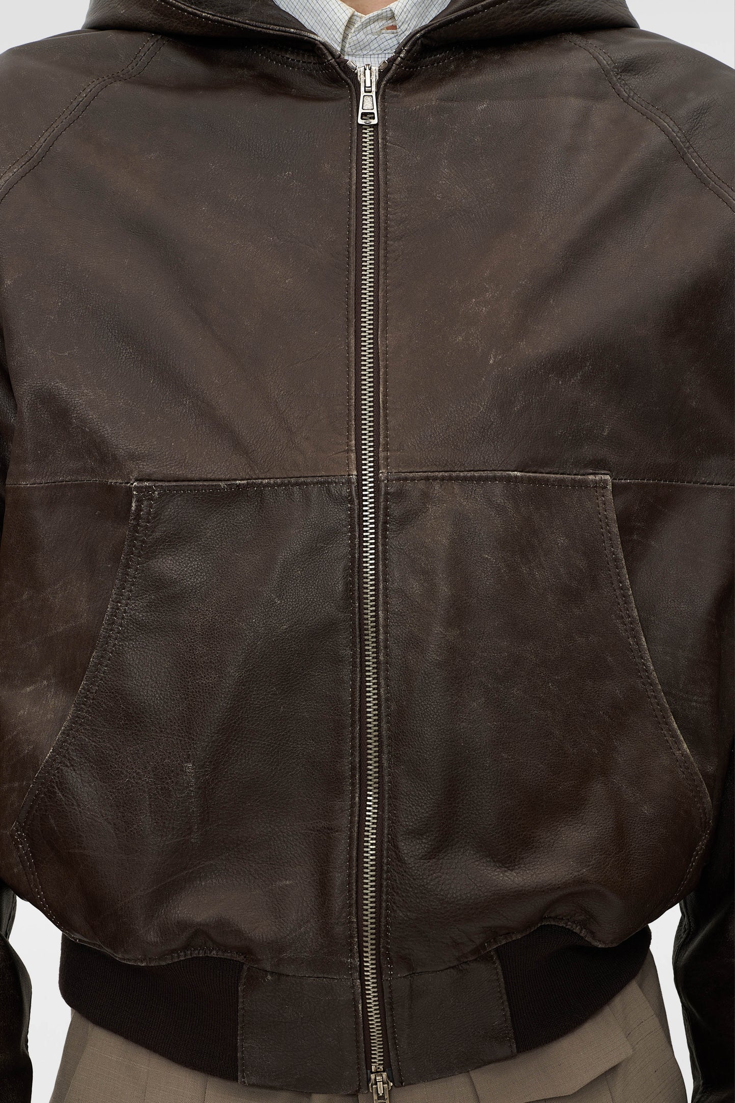 AGED LEATHER HOODED JACKET in oil