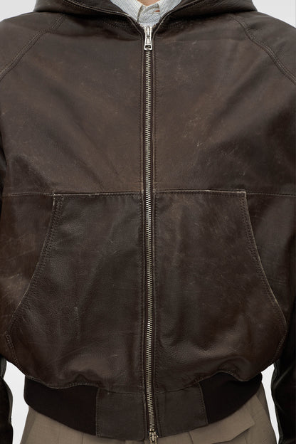 AGED LEATHER HOODED JACKET in oil