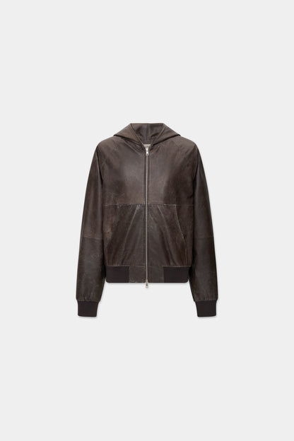 AGED LEATHER HOODED JACKET in oil