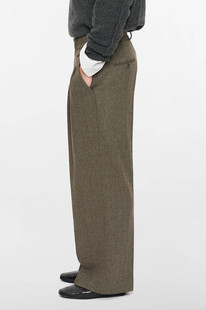 DOUBLE PLEATED HERRINGBONE TROUSERS in tobacco